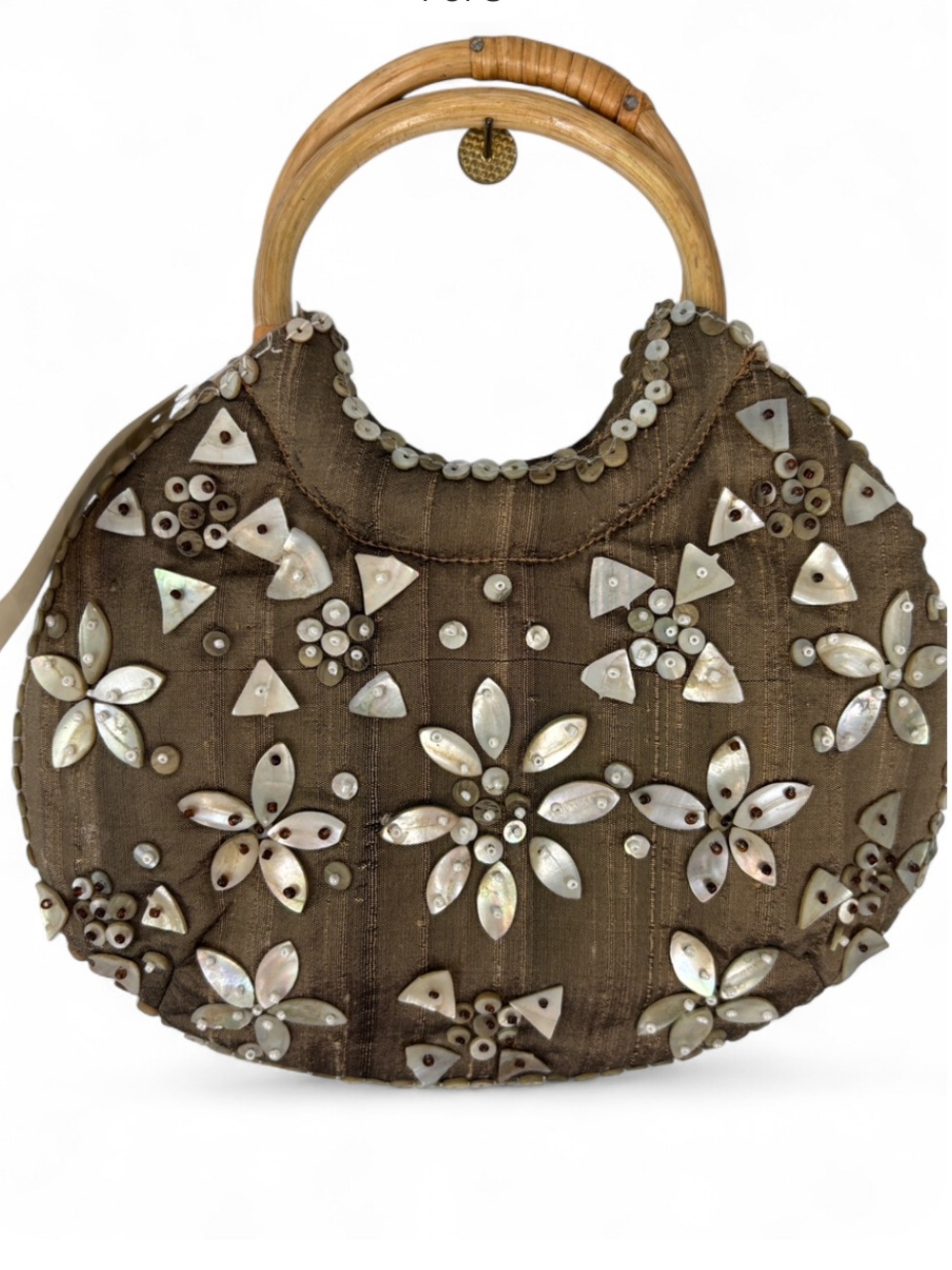 NWT Coldwater Creek Brown Mini Bag with Bamboo Handles and Shell Embellishments